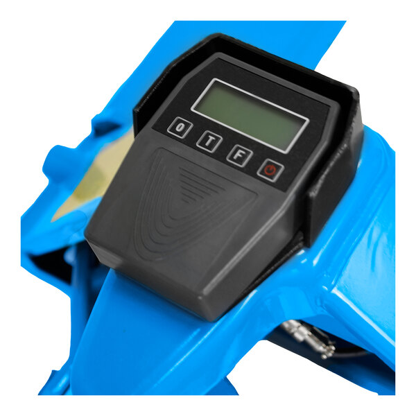An Eoslift professional grade manual scale pallet jack with blue and black parts.