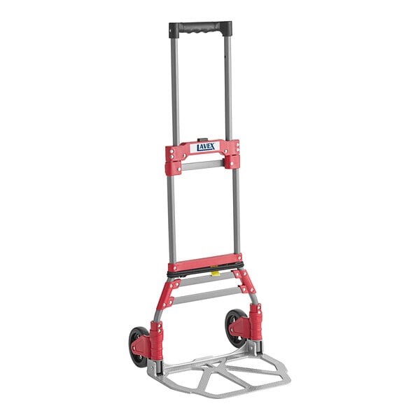 A red and silver Lavex aluminum folding hand truck with rubber wheels.