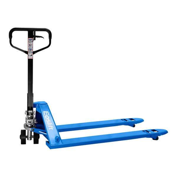 A blue Eoslift hand pallet truck with white rectangular forks.