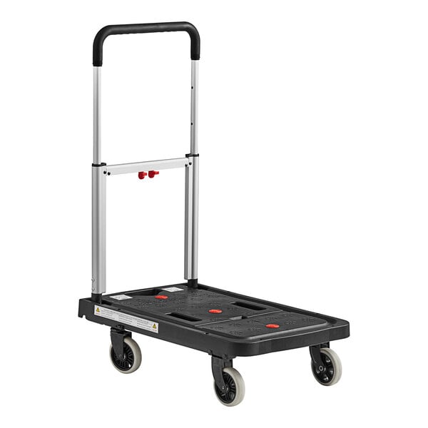 A black and silver cart with red handles.