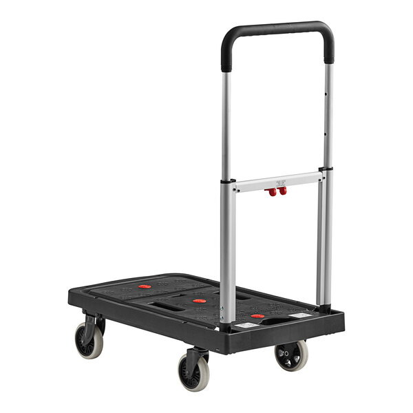 A black and silver Lavex plastic folding platform truck with wheels.