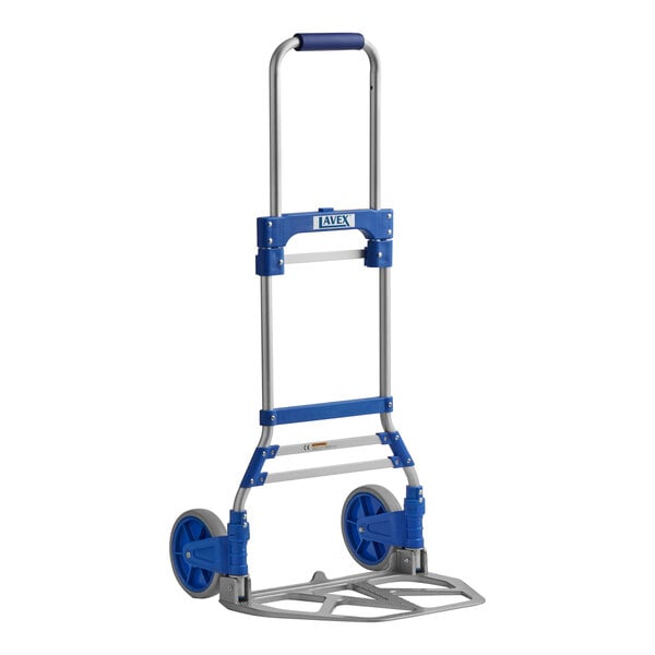 A blue and silver Lavex aluminum folding hand truck with wheels and telescoping handle.