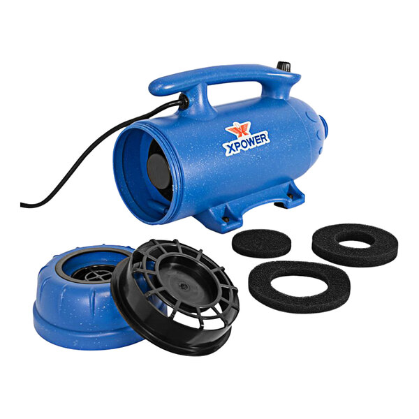 A blue XPOWER grooming dryer with a black cord.