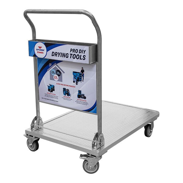 An XPOWER metal cart with a sign on it.