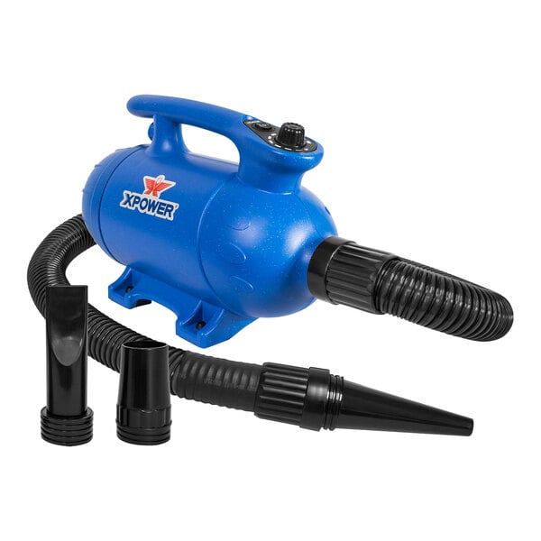 A blue XPOWER Thermal Ace pet hair dryer with black nozzles.