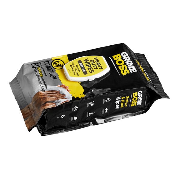 A black and yellow package of Grime Boss heavy-duty cleaning wipes with citrus scent on a white background.