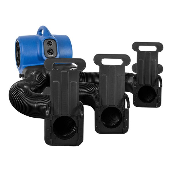 A blue and black XPOWER cage dryer with black hoses and pipes.