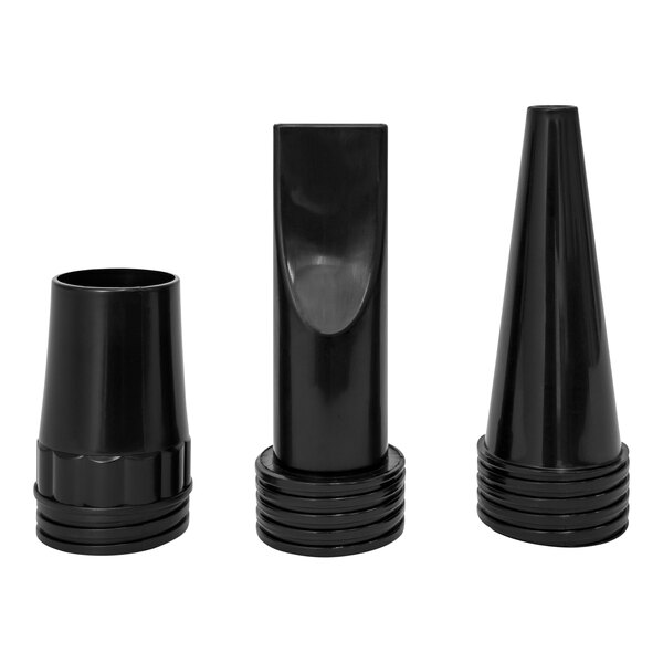 Three black plastic pipes with one being a cone shape on top of a black canister with a hole in the middle.