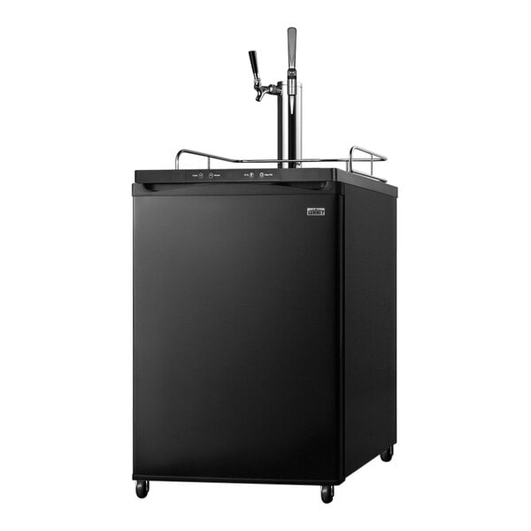 A black Summit kegerator with 2 taps.