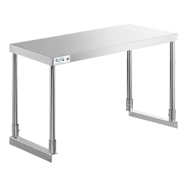 An Avantco stainless steel rectangular overshelf with metal legs.