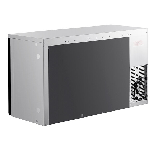 A Perlick back bar refrigerator with a black glass door and silver trim.