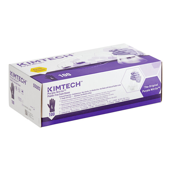 A box of Kimtech purple nitrile gloves on a counter.