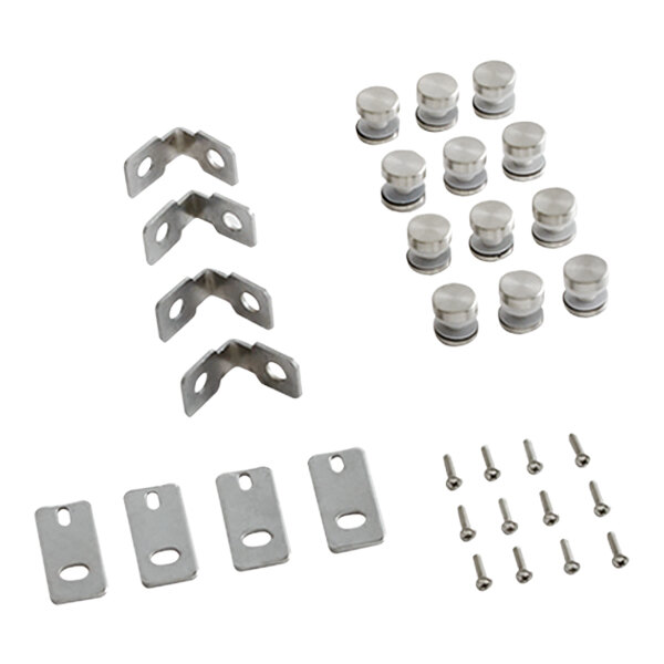 A group of metal parts including a metal corner with holes.