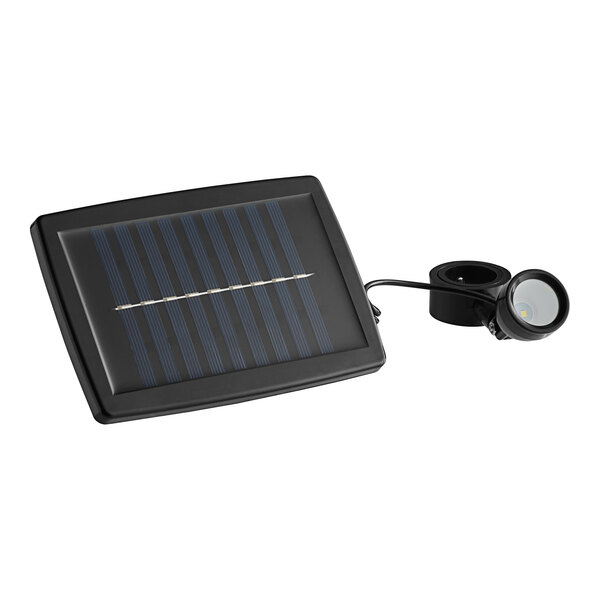 A solar panel with a black spotlight attached to it.