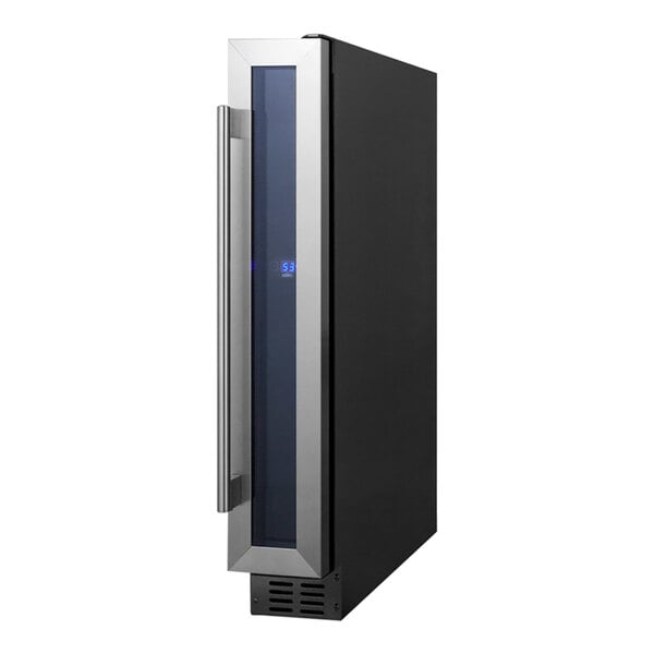 A black and silver Summit Appliance wine cellar with blue lights.
