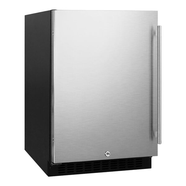 A silver Summit undercounter refrigerator with a handle on the door.