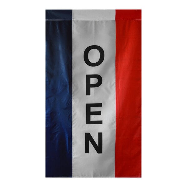 A white flag with "Open" in black and blue letters and a red stripe.