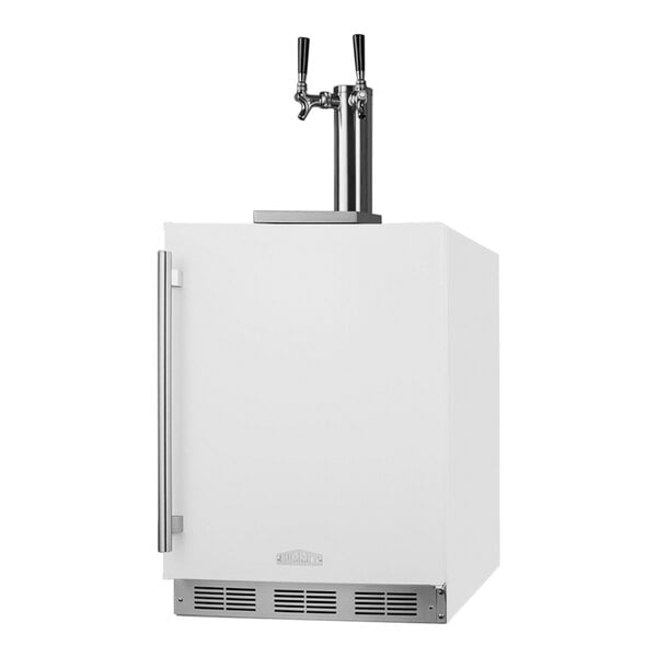 A white Summit wine dispenser with two beer taps and silver handles.