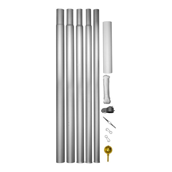 A white Valley Forge flag pole kit with silver metal pipes and tools.