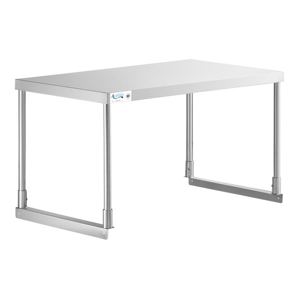 A stainless steel Avantco single deck overshelf on a white rectangular table.