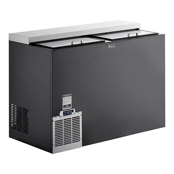 A black Perlick glass froster with two glass doors.