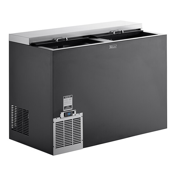 A Perlick black glass froster with a silver top and vent.