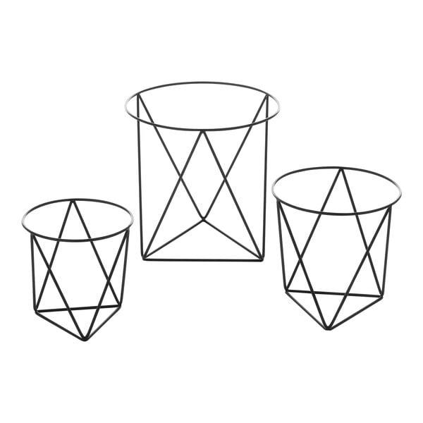 A set of three black metal geometric pizza stands.