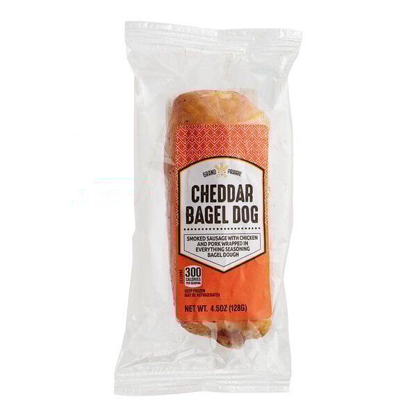 A bag of Grand Prairie Cheddar Bagel Dog Sandwiches.