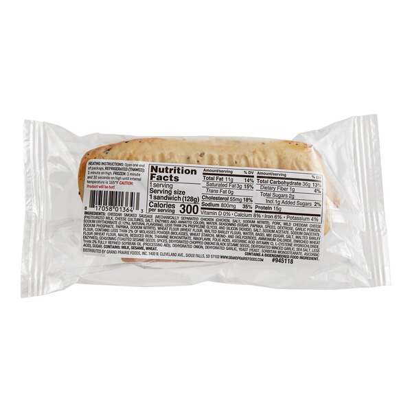 A package of Grand Prairie Cheddar Bagel Dog Sandwiches with a label.