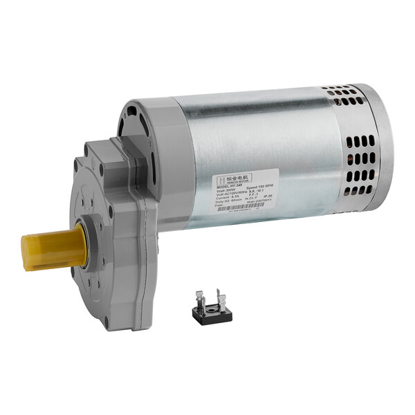 A Lavex grey and yellow motor with a yellow gear and a metal gear.
