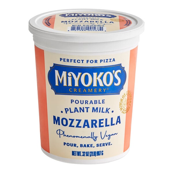 A container of Miyoko's Liquid Vegan Pizza Mozzarella cheese.