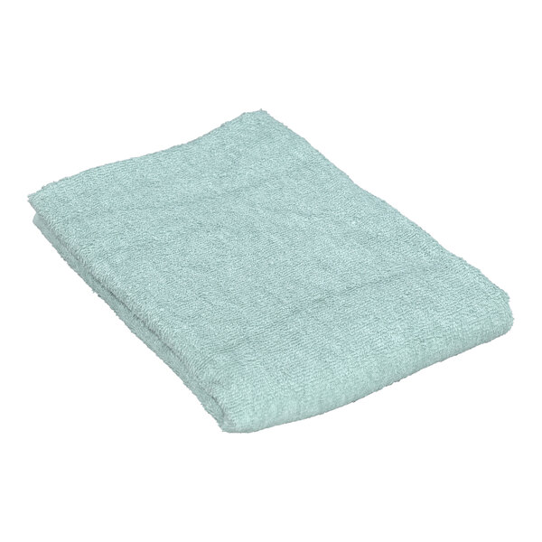 A folded seafoam green 1888 Mills Fibertone pool towel.