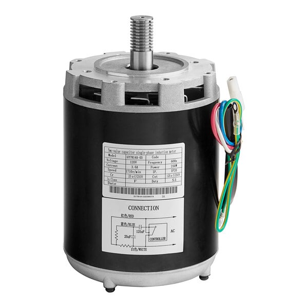 A close up of a black and silver Lavex Brush Motor with colorful wires.