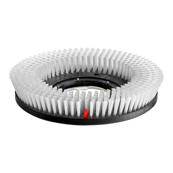 A white circular brush with red bristles.