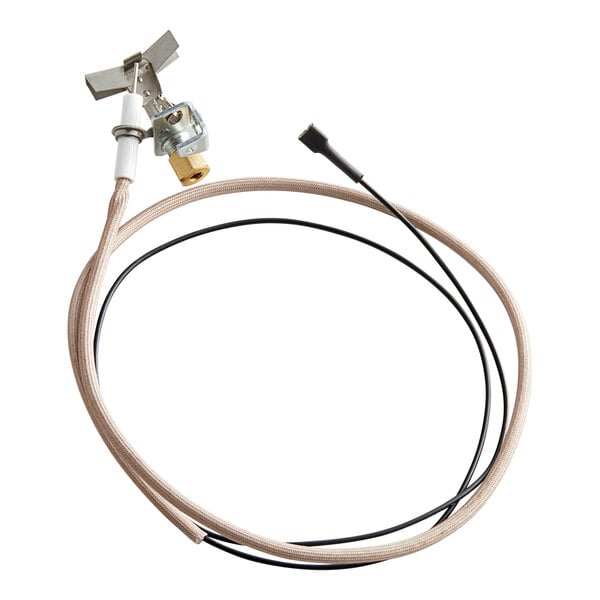 An American Range natural gas pilot ignitor assembly with a white and tan wire with a gold connector and metal clip.