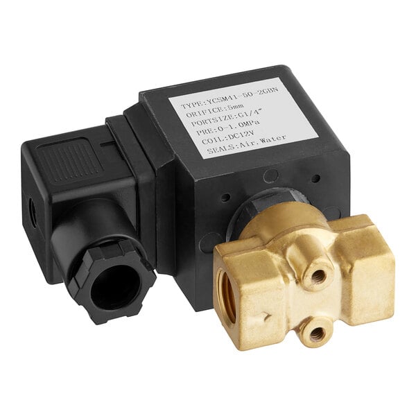 A close-up of a brass Lavex solenoid valve with a black and gold metal piece.