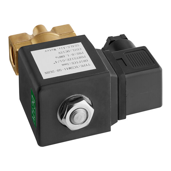 A close-up of a black and gold Lavex solenoid valve with a nut.