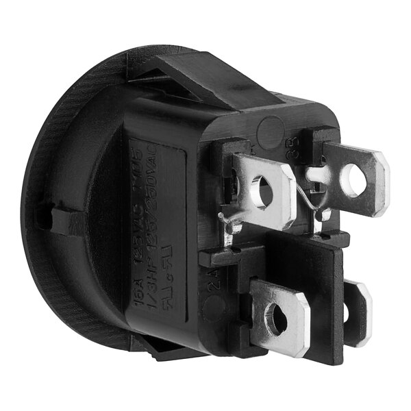 A close-up of a black and silver Lavex rocker switch for an auto scrubber.