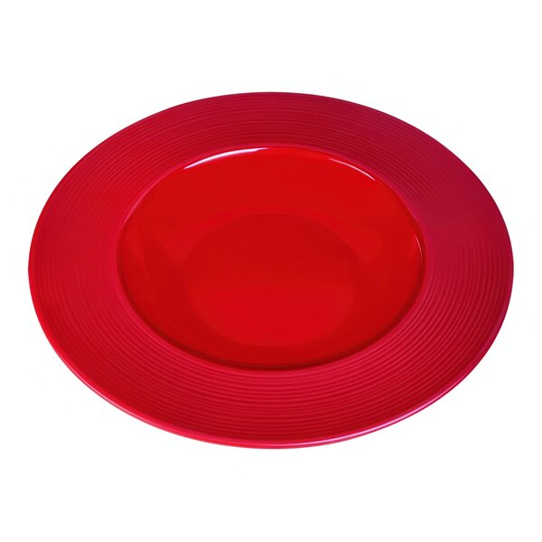 A red bowl with a white center and a circular design.