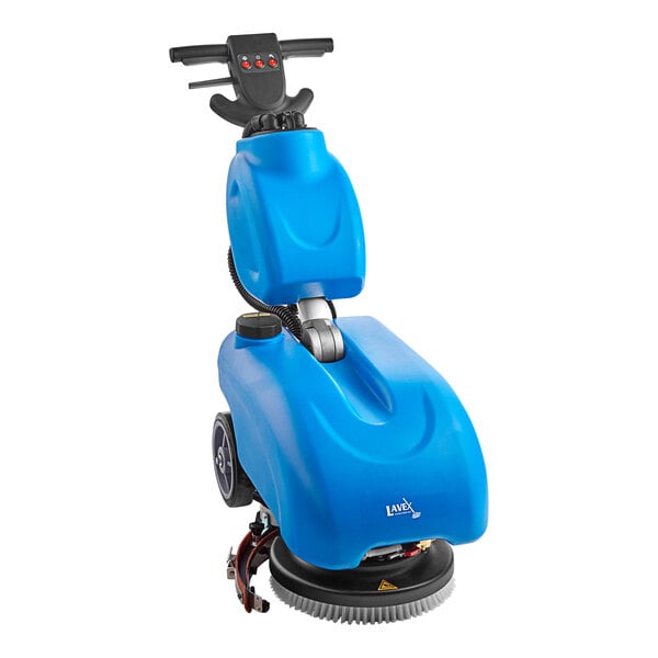 A blue Lavex walk behind floor scrubber with wheels.