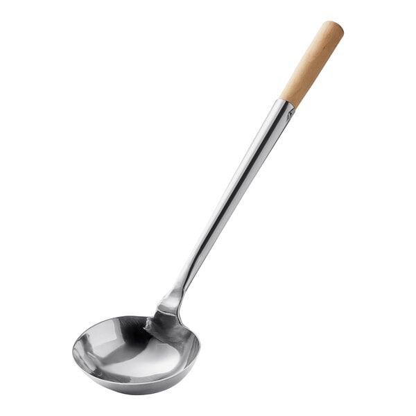 An Emperor's Select stainless steel ladle with a wooden handle.
