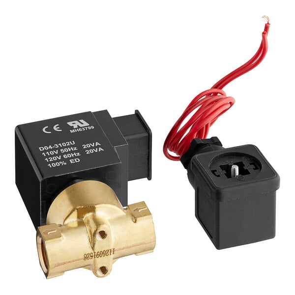 A close-up of a black and gold Lavex solenoid valve with red wires.