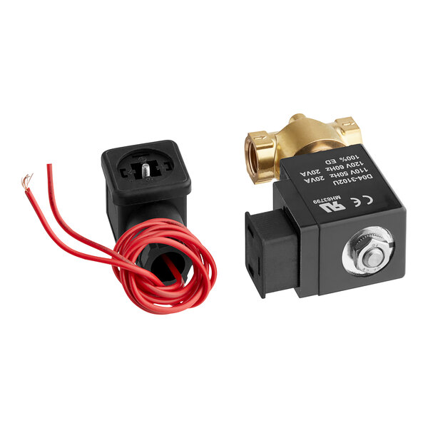 A black and gold Lavex solenoid valve with red wires.