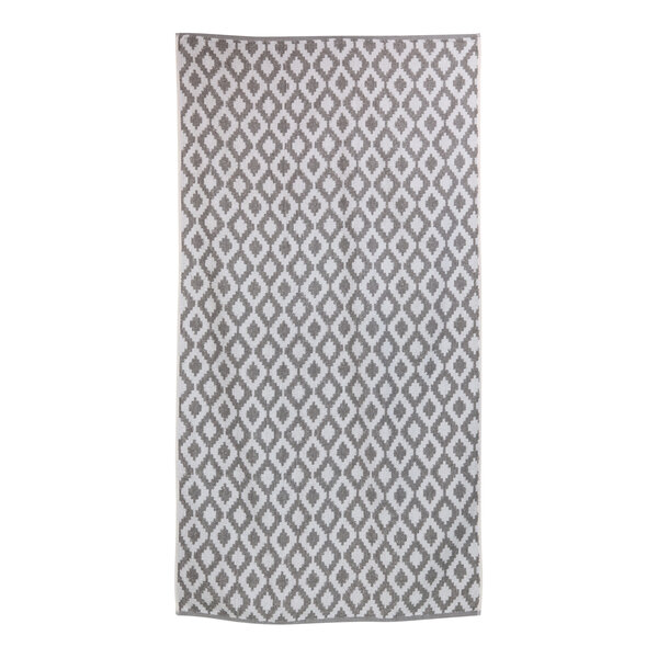 A grey and white 1888 Mills pool towel with a diamond pattern.