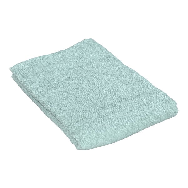 A folded light blue 1888 Mills Fibertone pool towel.