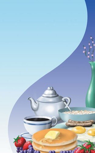 8 1/2" x 11" Menu paper with a blue and white breakfast theme featuring a cup of tea, pancakes, and a bowl of cereal.