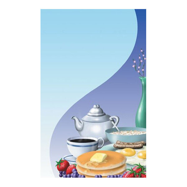 An illustration of a breakfast table setting featuring pancakes with butter, eggs, sausages, a bowl of cereal, a teapot, a cup of coffee, fresh berries, and a vase with flowers against a blue gradient background.