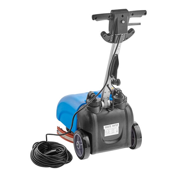 A Lavex corded walk behind floor scrubber with a black handle.