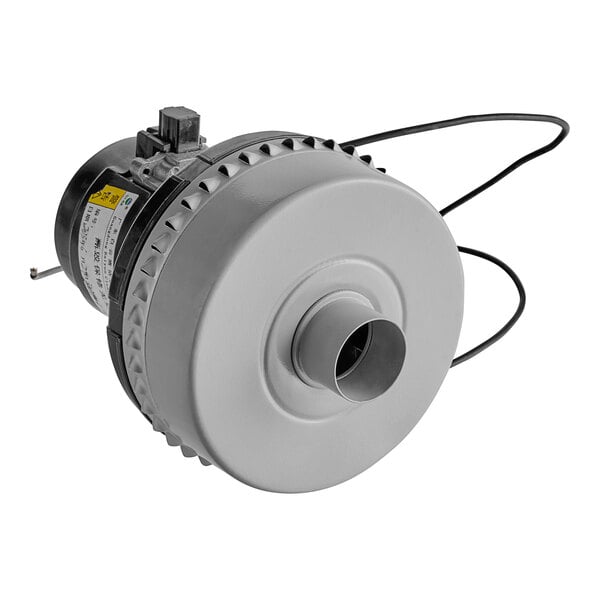 A grey circular Lavex vacuum motor with a black cord.