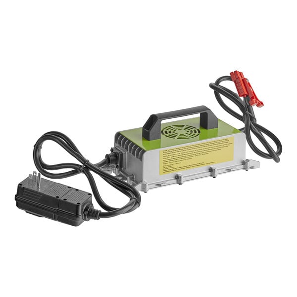 A green and black Lavex battery charger with wires.